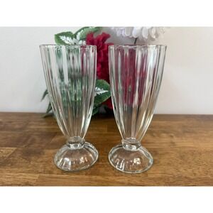 Vintage Clear Fluted Milkshake Glasses Mid Century Soda Fountain Style Set Retro